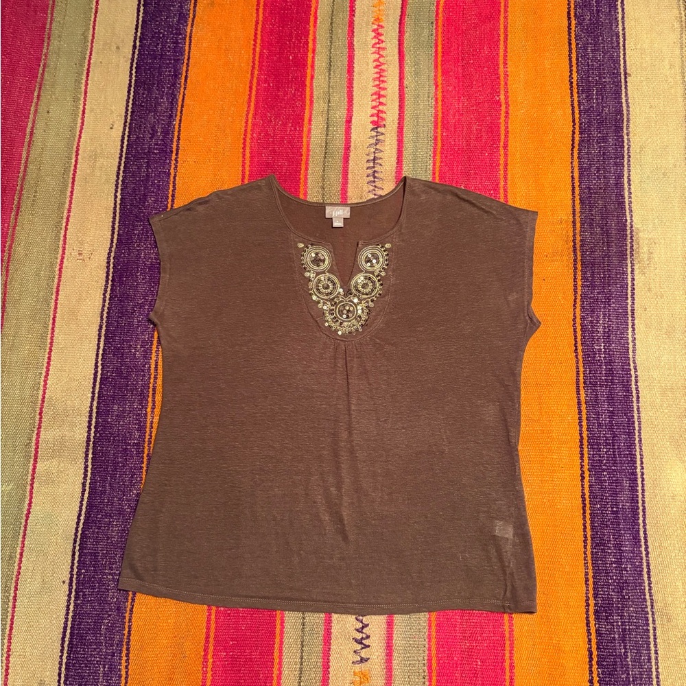 Chico’s Brown Embellished Linen Top